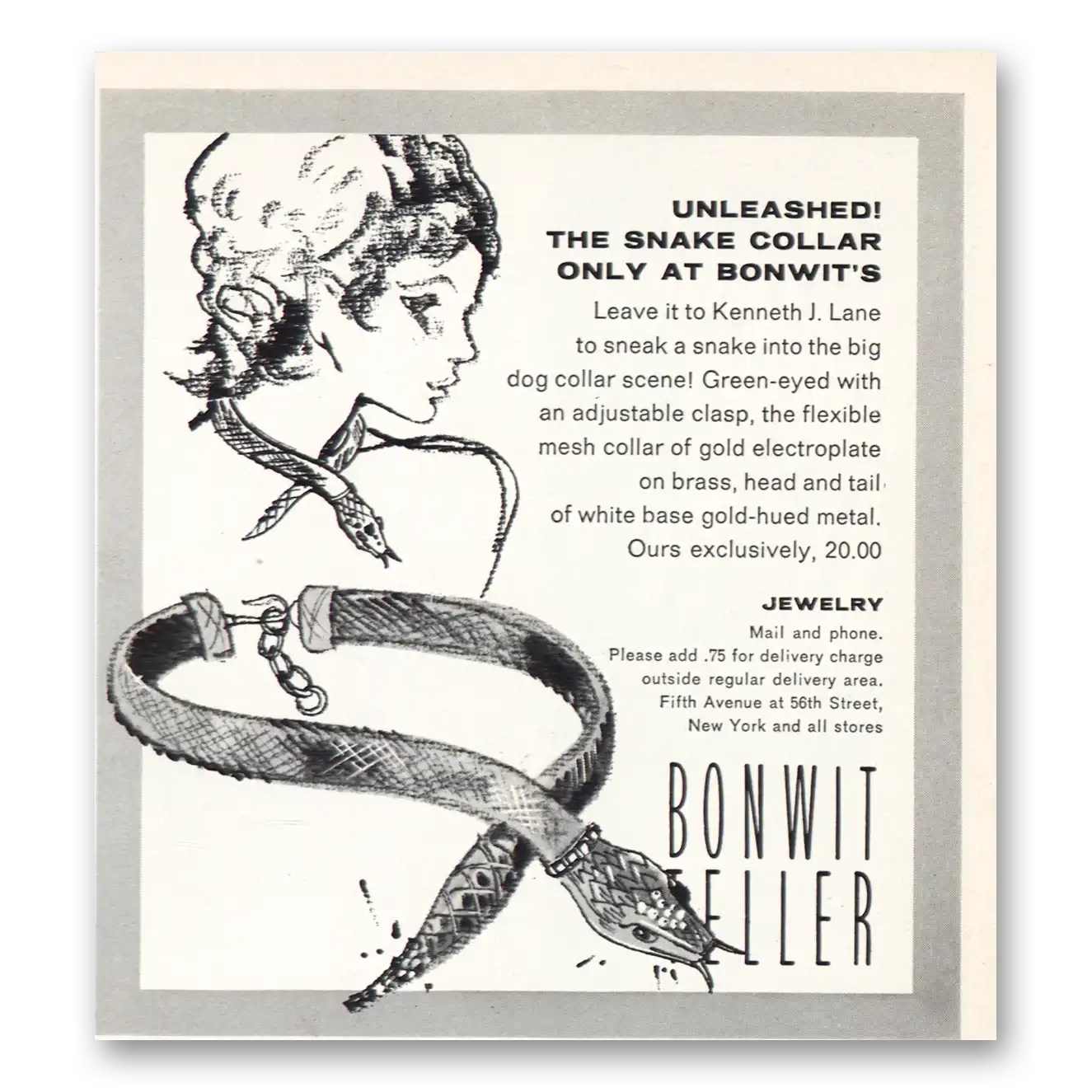 1970 Bonwit Teller Unleashed Snake Collar Vintage Magazine Print Ad