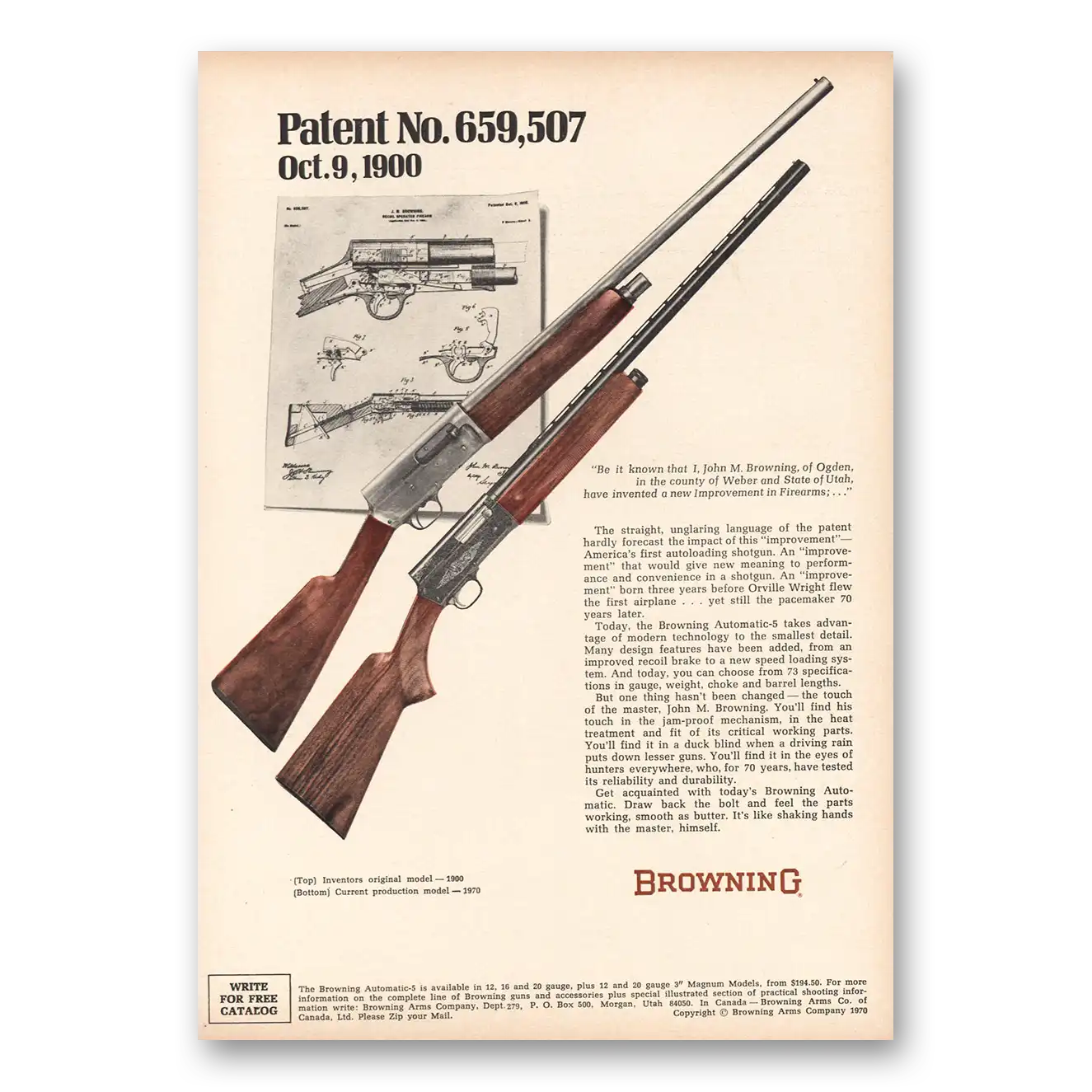 1970 Browning Arms Patent No 659507 Vintage Magazine Print Ad