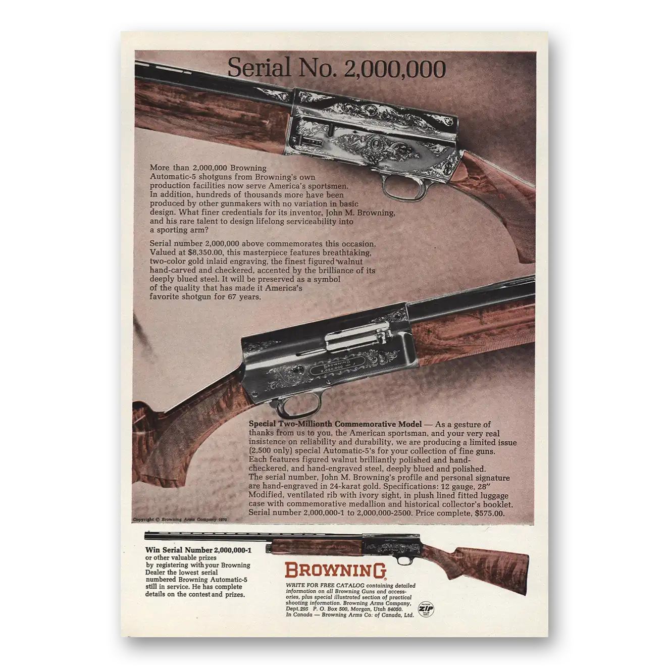 1970 Browning Arms Serial No 2000000 Vintage Magazine Print Ad