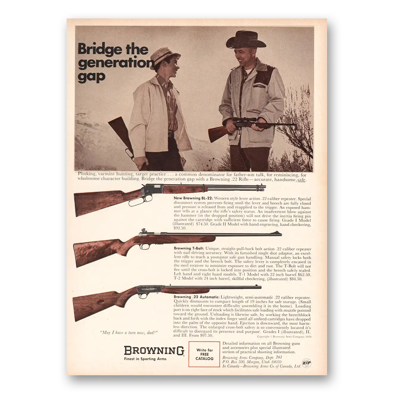 1970 Browning Arms Bridge Generation Gap Vintage Magazine Print Ad