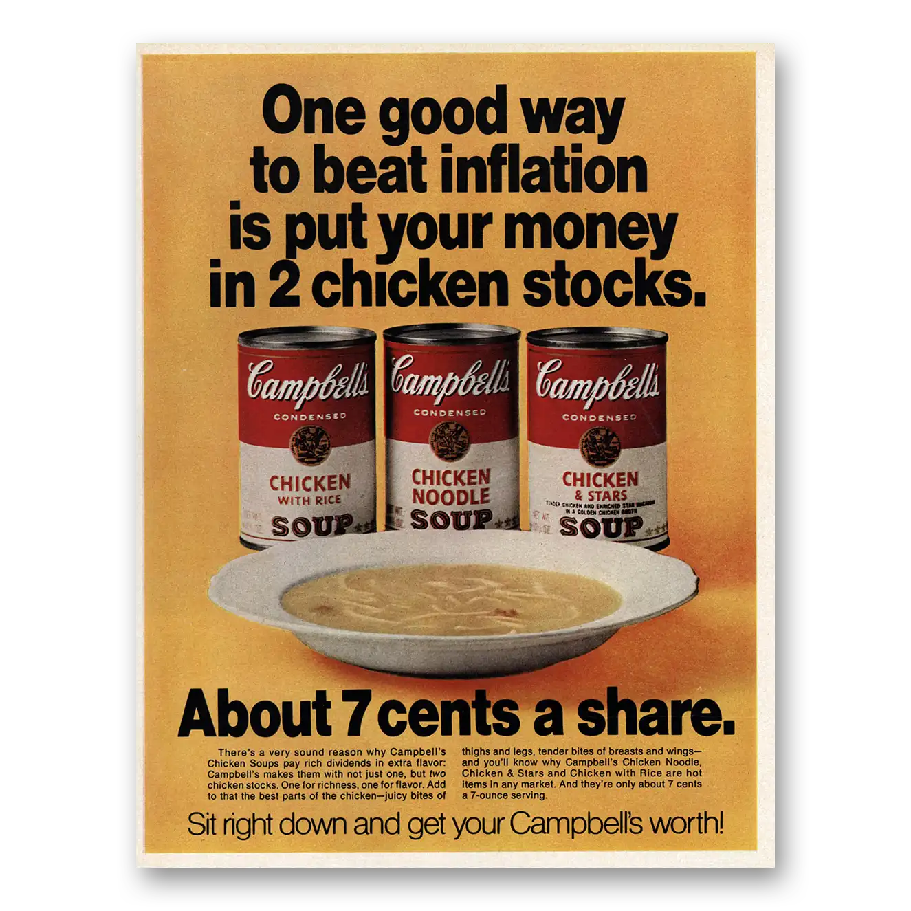 1970 Campbells Chicken Soup Beat Inflation Put Your Money in Chicken Stocks Vintage Magazine Print Ad