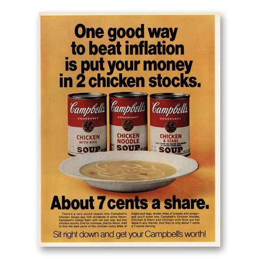 1970 Campbells Chicken Soup Beat Inflation Put Your Money in Chicken Stocks Vintage Magazine Print Ad