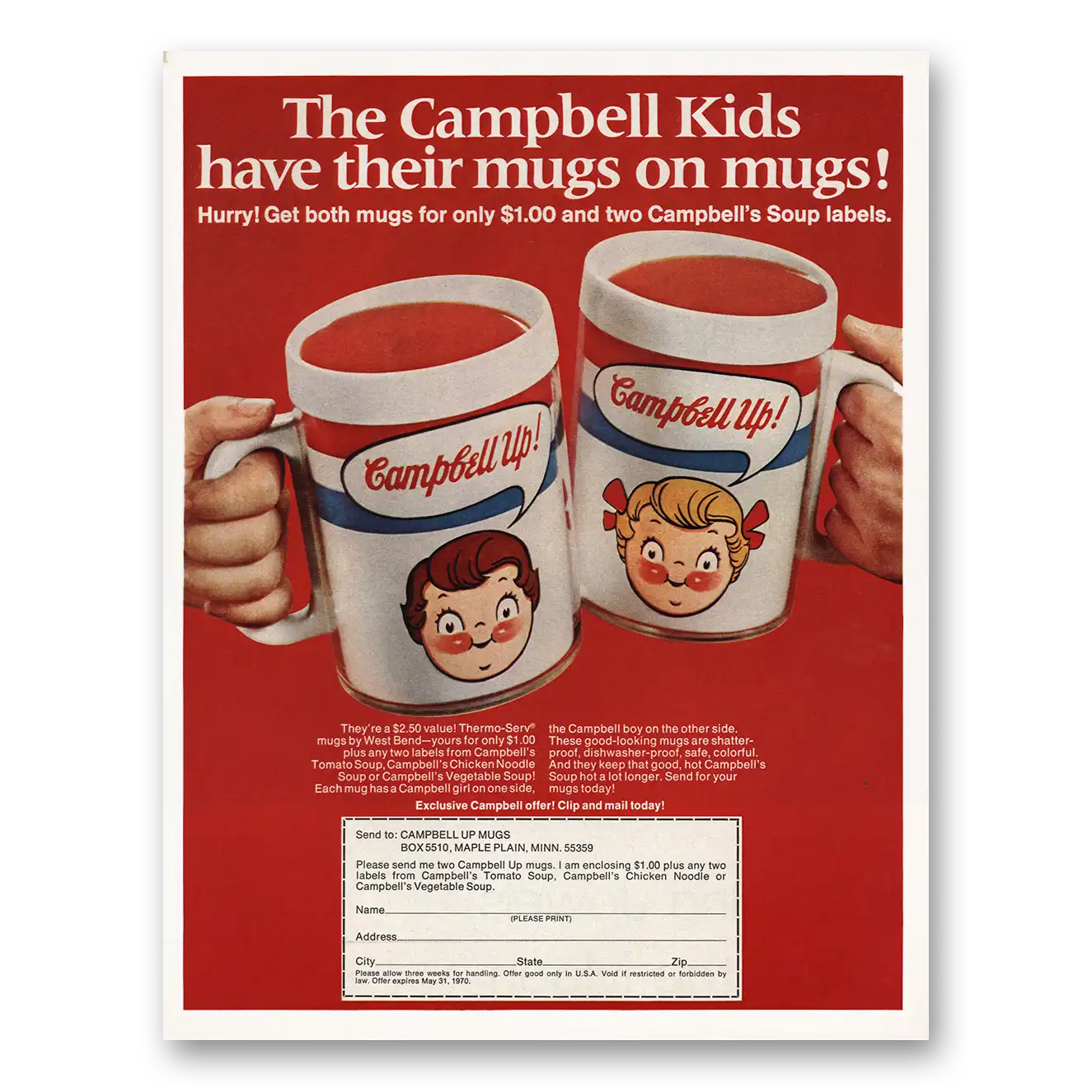 1970 Campbells Soup Kids Have Their Mugs On Mugs Vintage Magazine Print Ad