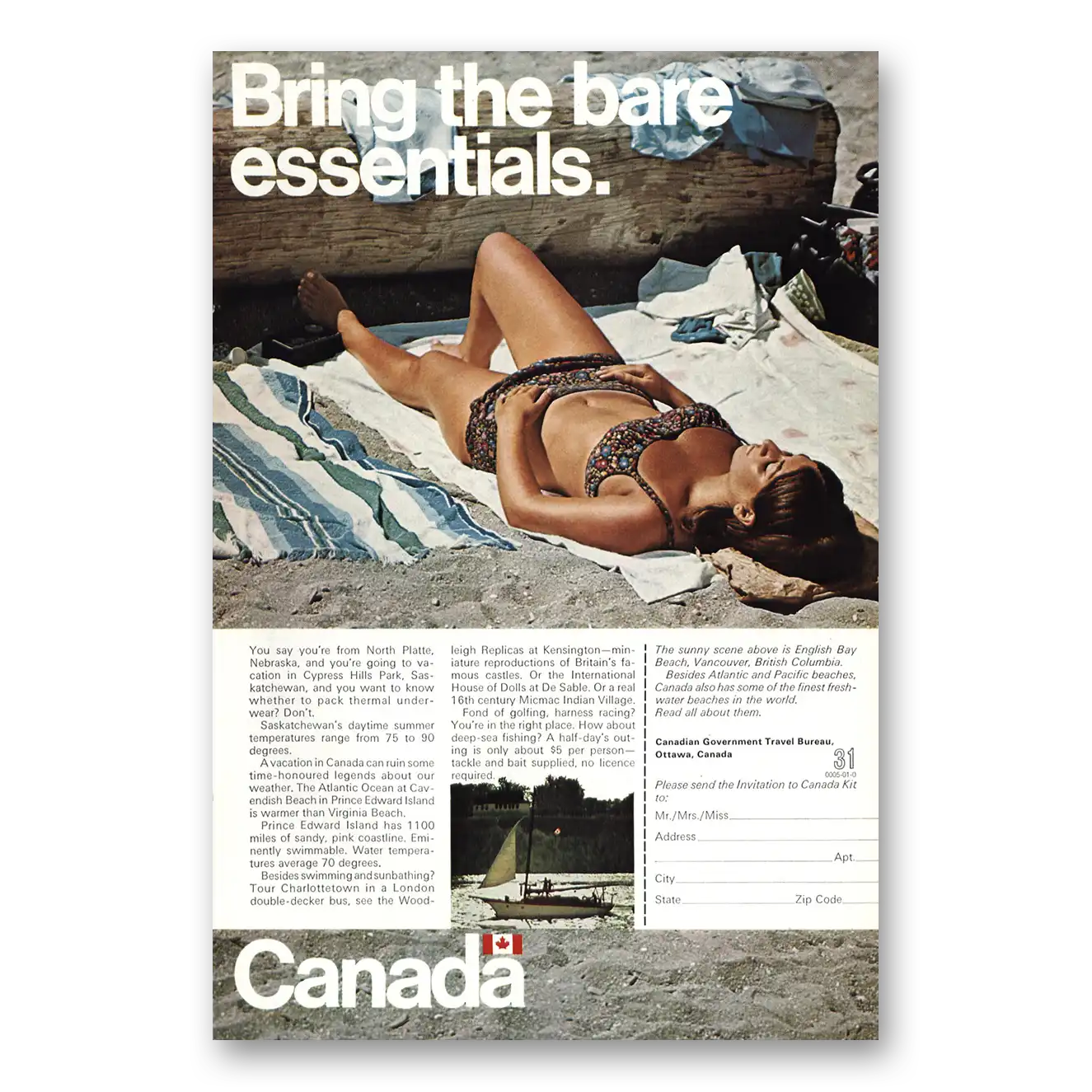 1970 Canada Bring the Bare Essentials Vintage Magazine Print Ad