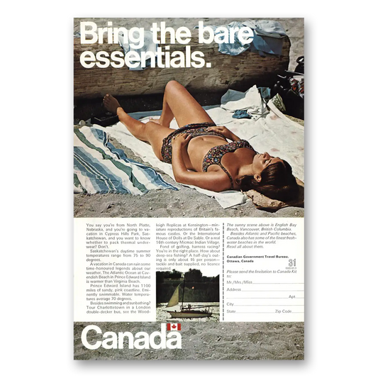 1970 Canada Bring the Bare Essentials Vintage Magazine Print Ad