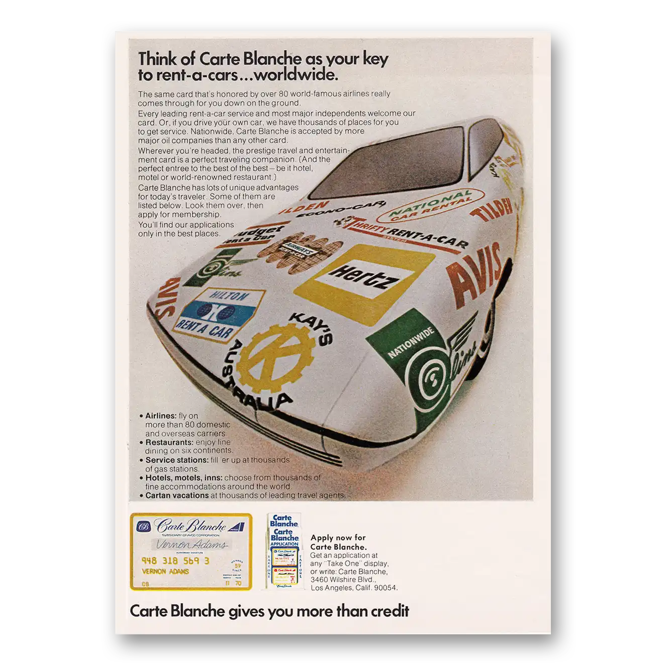 1970 Carte Blanche Credit Card Key to Rent a Cars Worldwide Vintage Magazine Print Ad