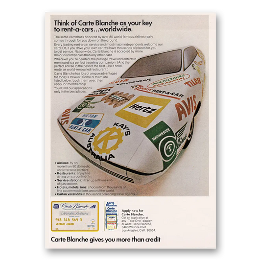 1970 Carte Blanche Credit Card Key to Rent a Cars Worldwide Vintage Magazine Print Ad