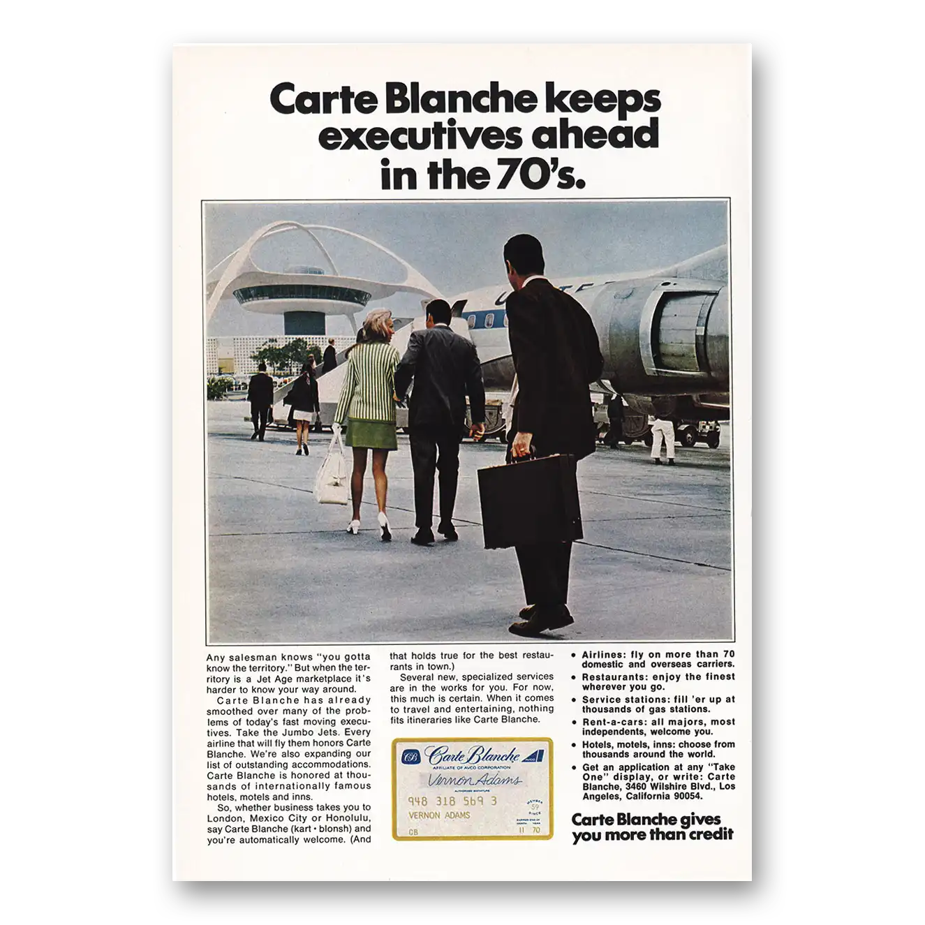 1970 Carte Blanche Credit Card Keep Executive Ahead LAX Vintage Magazine Print Ad