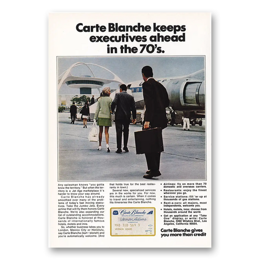 1970 Carte Blanche Credit Card Keep Executive Ahead LAX Vintage Magazine Print Ad