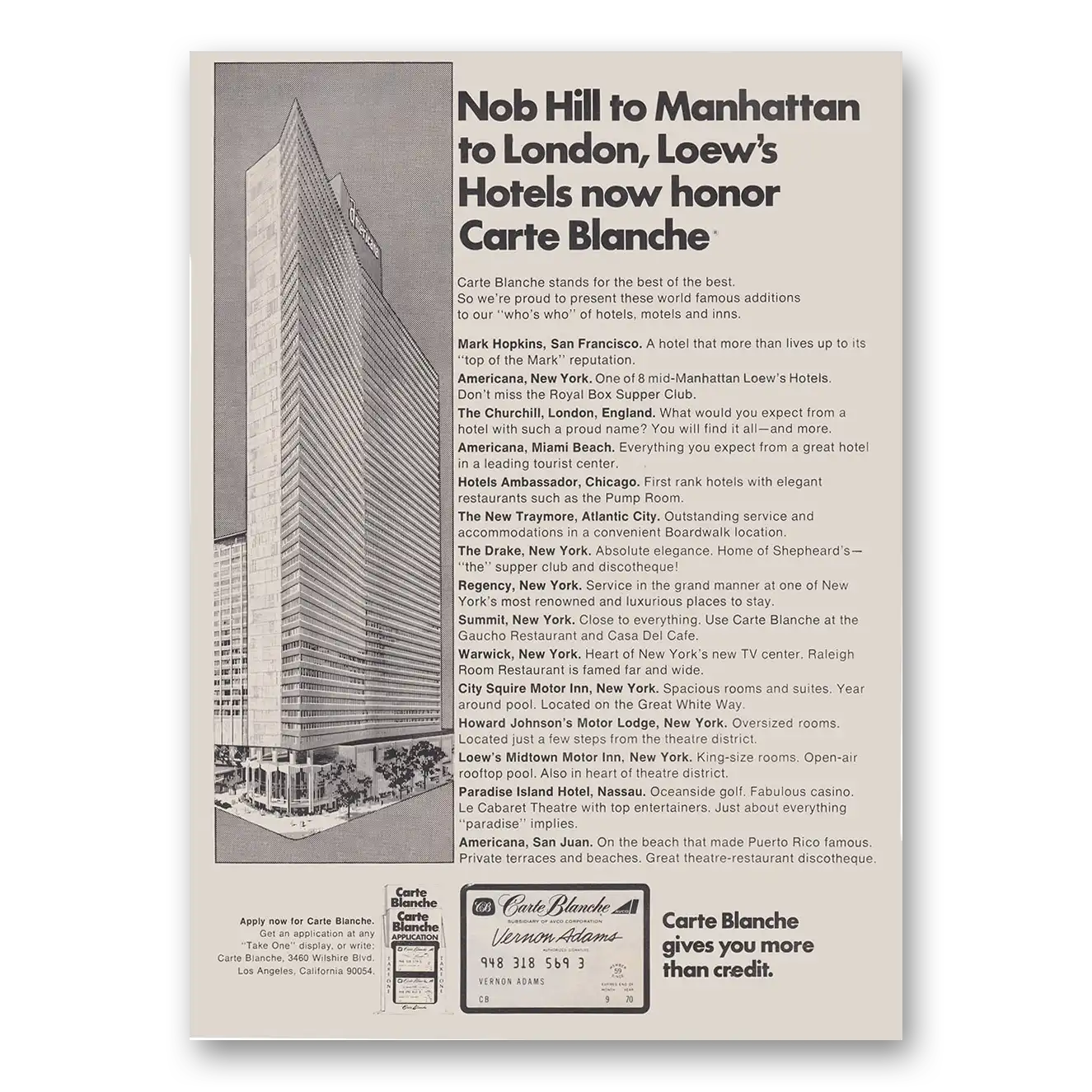 1970 Carte Blanche Credit Card Nob Hill to Manhattan Vintage Magazine Print Ad