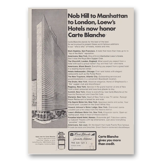 1970 Carte Blanche Credit Card Nob Hill to Manhattan Vintage Magazine Print Ad