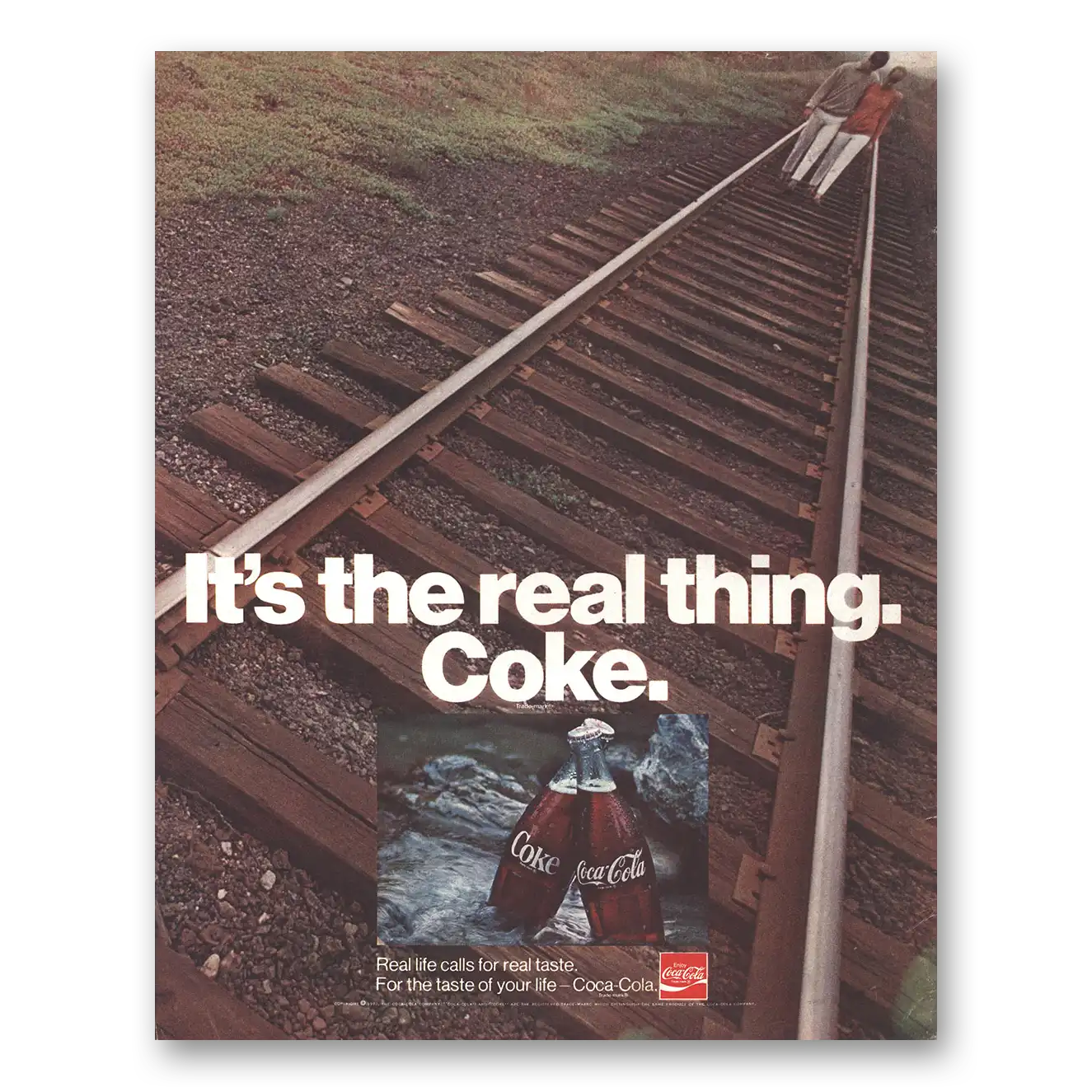 1970 Coca Cola Real Thing Railroad Tracks Vintage Magazine Print Ad