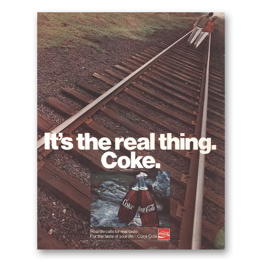 1970 Coca Cola Real Thing Railroad Tracks Vintage Magazine Print Ad