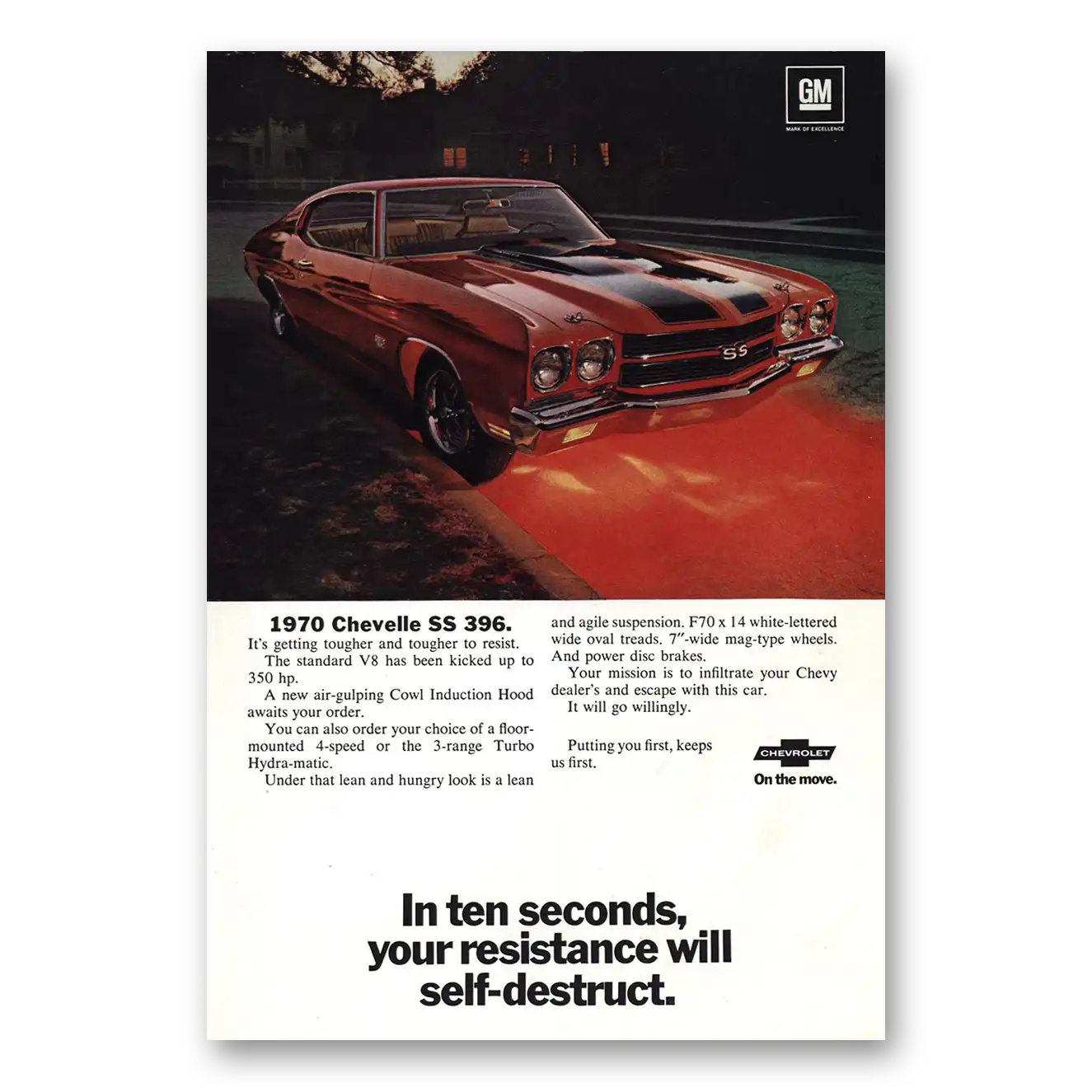 1969 Chevrolet Chevelle Ten Seconds Your Resistance Will Self Destruct Vintage Magazine Print Ad