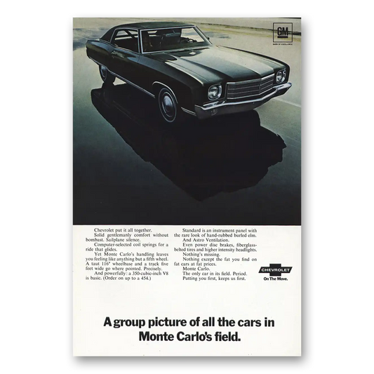 1969 Chevrolet Monte Carlo Group Picture of All The Cars In Monte Carlos Field Vintage Magazine Print Ad