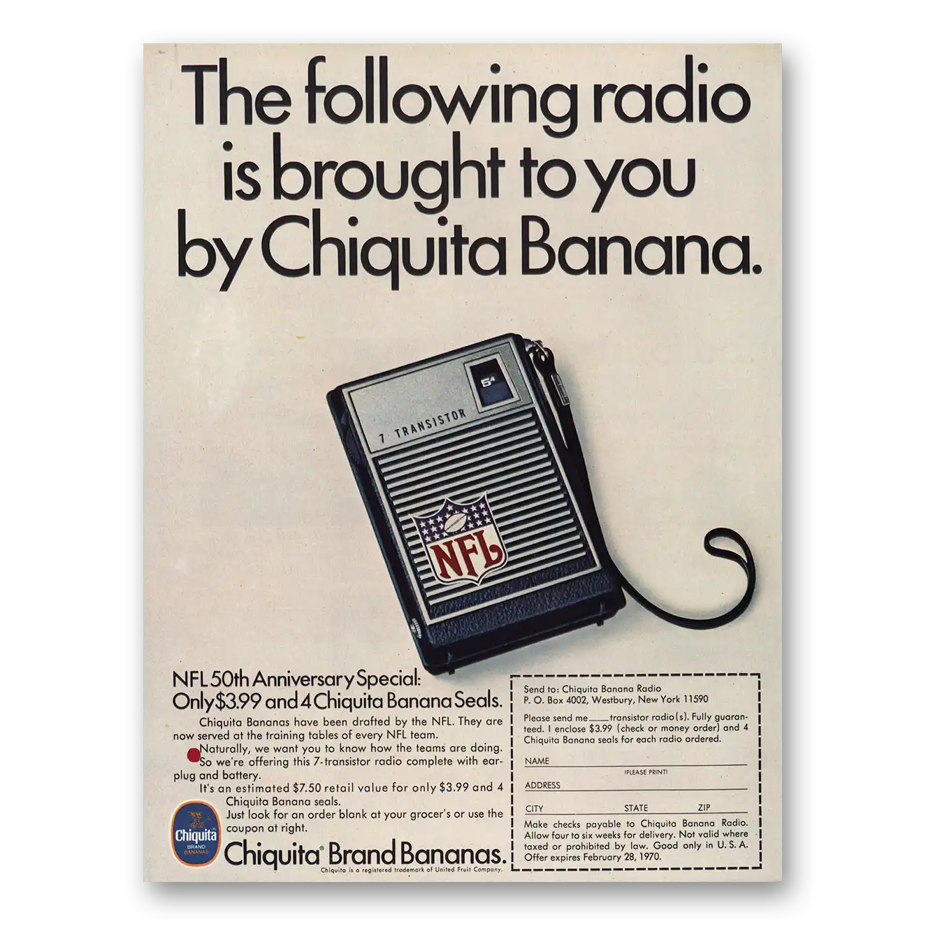 1970 Chiquita Banana NFL Radio Brought To You by Chiquita Banana Vintage Magazine Print Ad