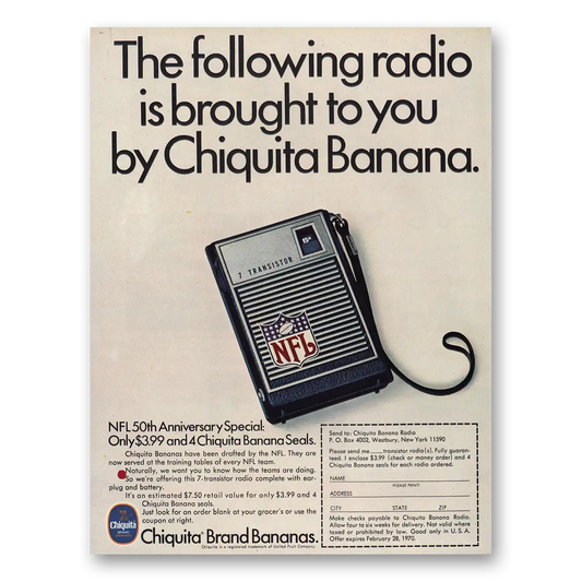 1970 Chiquita Banana NFL Radio Brought To You by Chiquita Banana Vintage Magazine Print Ad