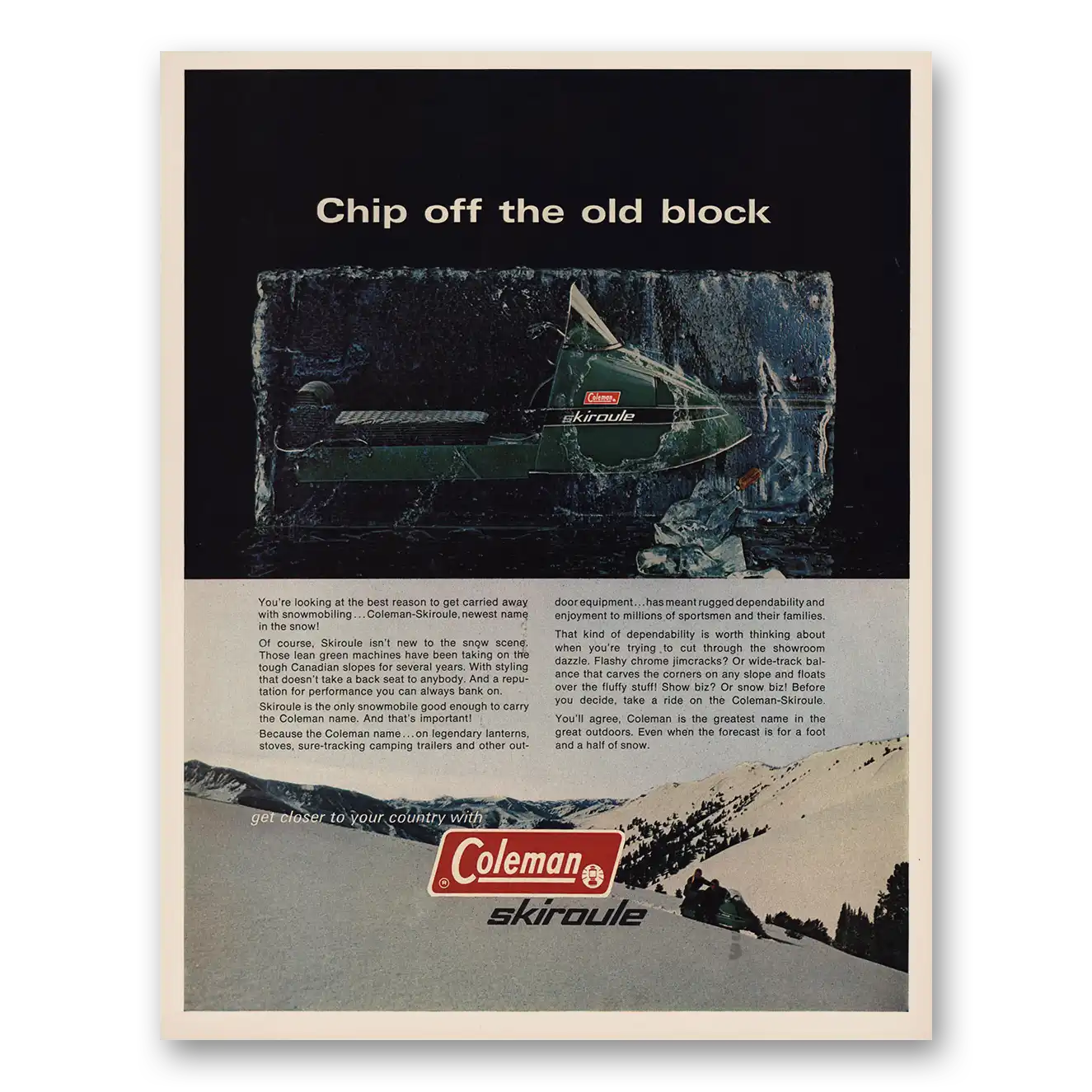 1970 Coleman Skiroule Chip Off the Old Block Vintage Magazine Print Ad