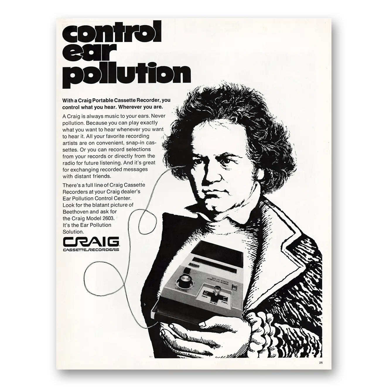 1970 Craig Cassette Recorder Control Ear Pollution Vintage Magazine Print Ad