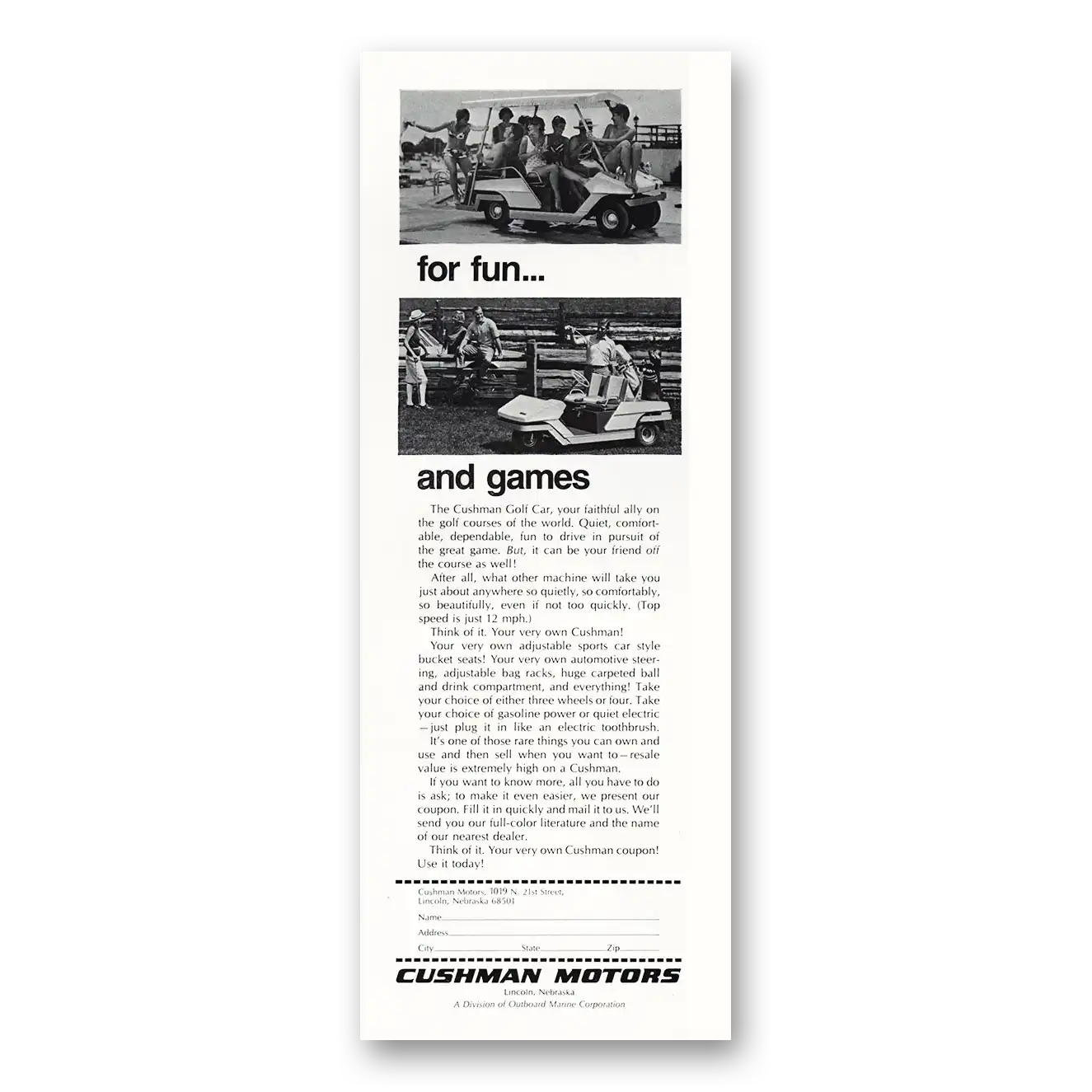 1970 Cushman Golf Cart Fun and Games Vintage Magazine Print Ad