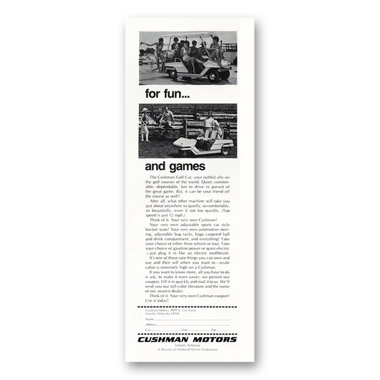 1970 Cushman Golf Cart Fun and Games Vintage Magazine Print Ad