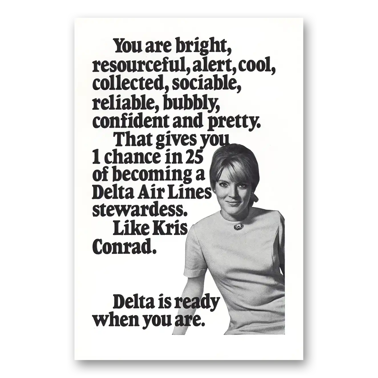 1970 Delta Air Lines Stewardess Kris Conrad Vintage Magazine Print Ad