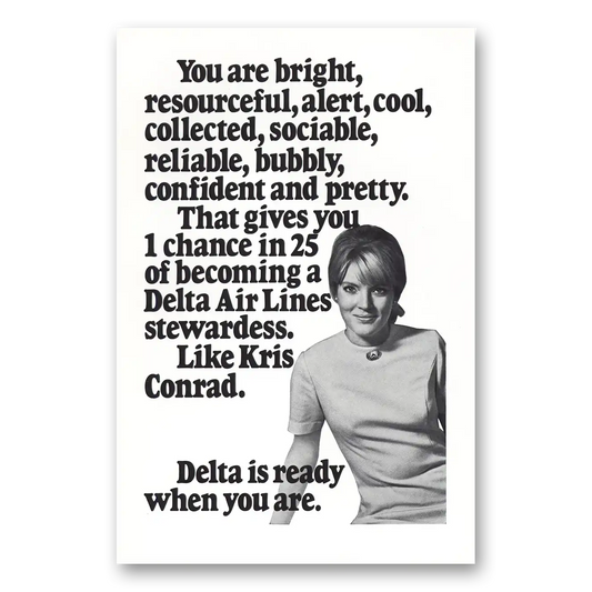 1970 Delta Air Lines Stewardess Kris Conrad Vintage Magazine Print Ad