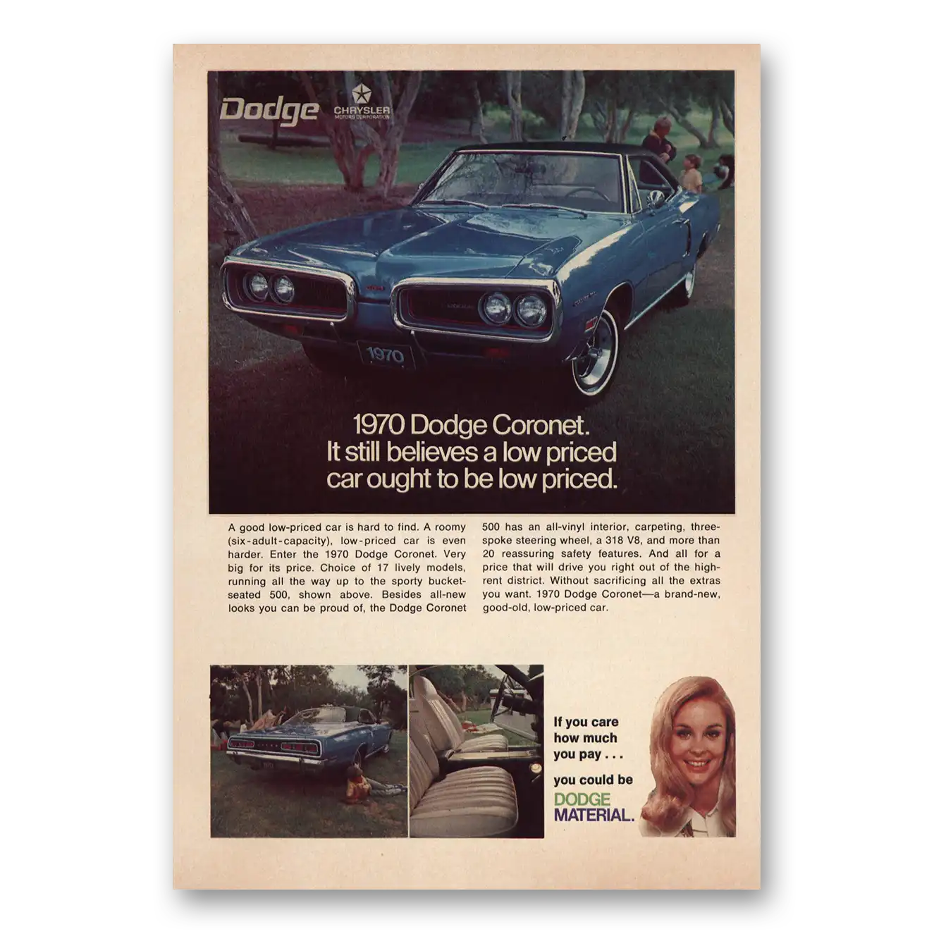 1970 Dodge Coronet Still Believes a Low Priced Car Vintage Magazine Print Ad