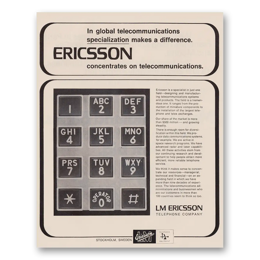 1970 LM Ericsson Telecommunications Concentrates on Telecommunications Vintage Magazine Print Ad