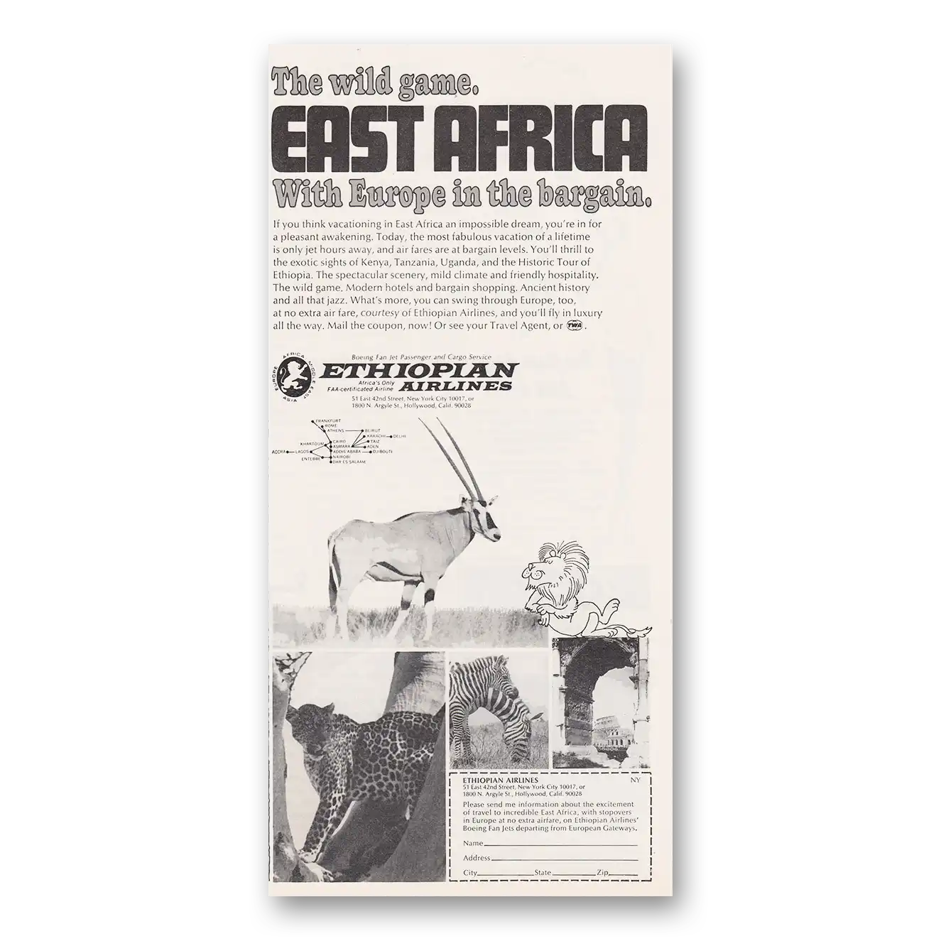 1970 Ethiopian Airlines Wild Game East Africa Vintage Magazine Print Ad