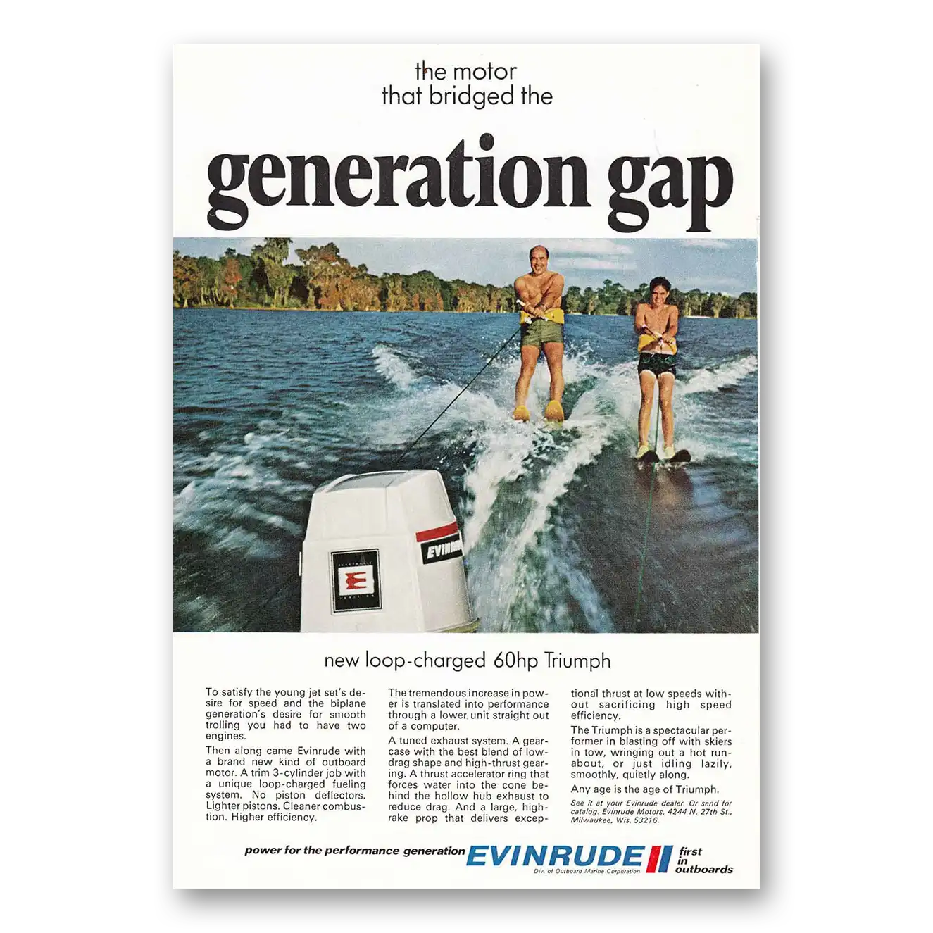 1970 Evinrude Motor Bridged Generation Gap Vintage Magazine Print Ad