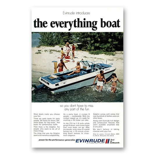 1970 Evinrude Everything Boat Vintage Magazine Print Ad