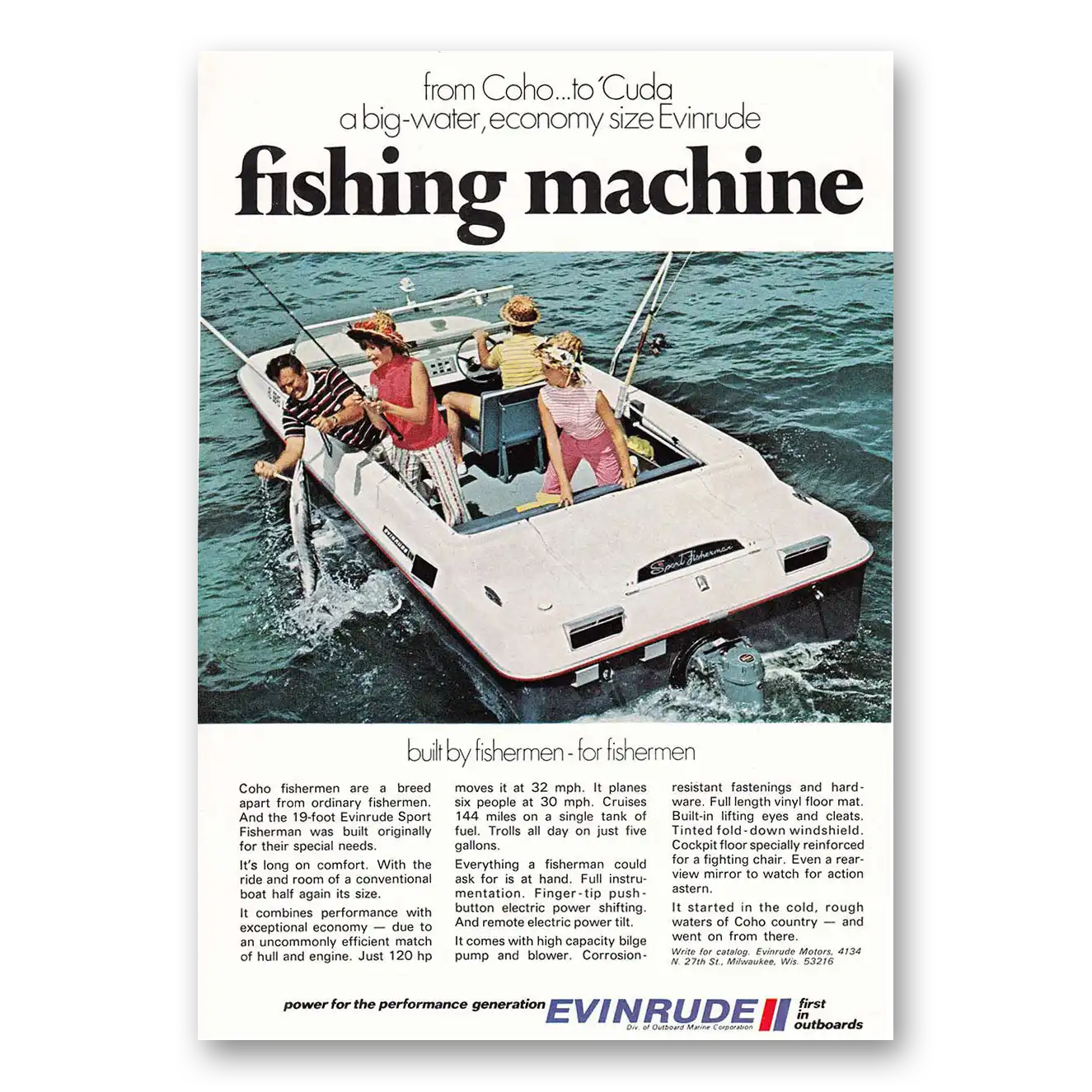 1970 Evinrude Coho to Cuda Fishing Machine Vintage Magazine Print Ad