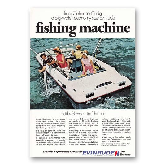 1970 Evinrude Coho to Cuda Fishing Machine Vintage Magazine Print Ad