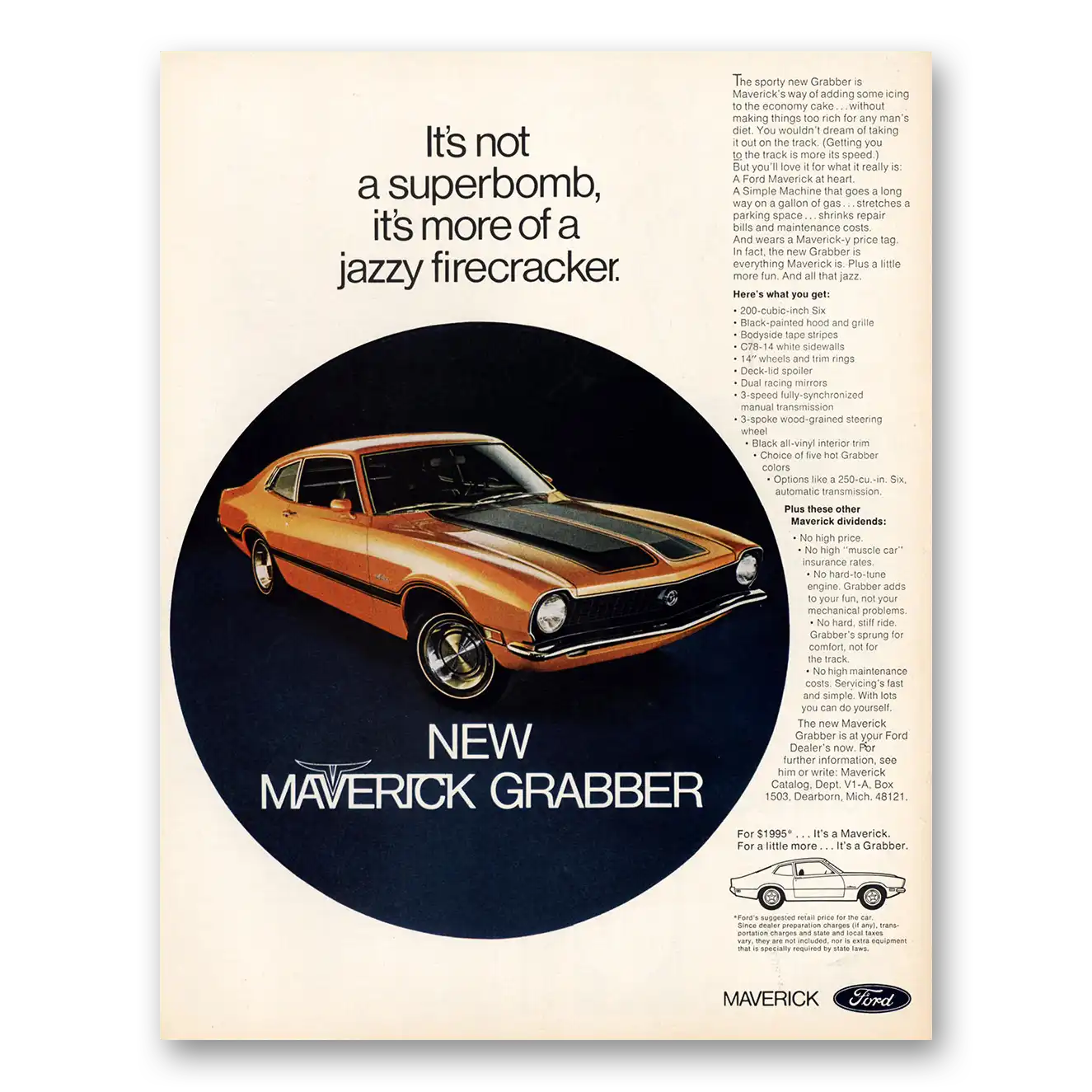 1970 Ford Maverick Grabber Superbomb Jazzy Firecracker Vintage Magazine Print Ad