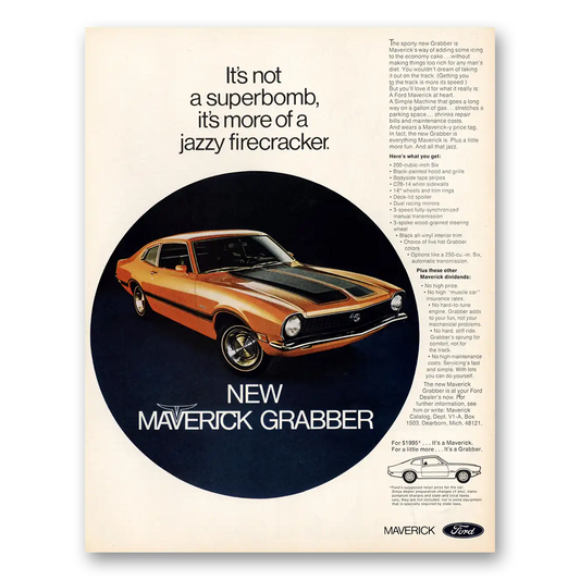 1970 Ford Maverick Grabber Superbomb Jazzy Firecracker Vintage Magazine Print Ad