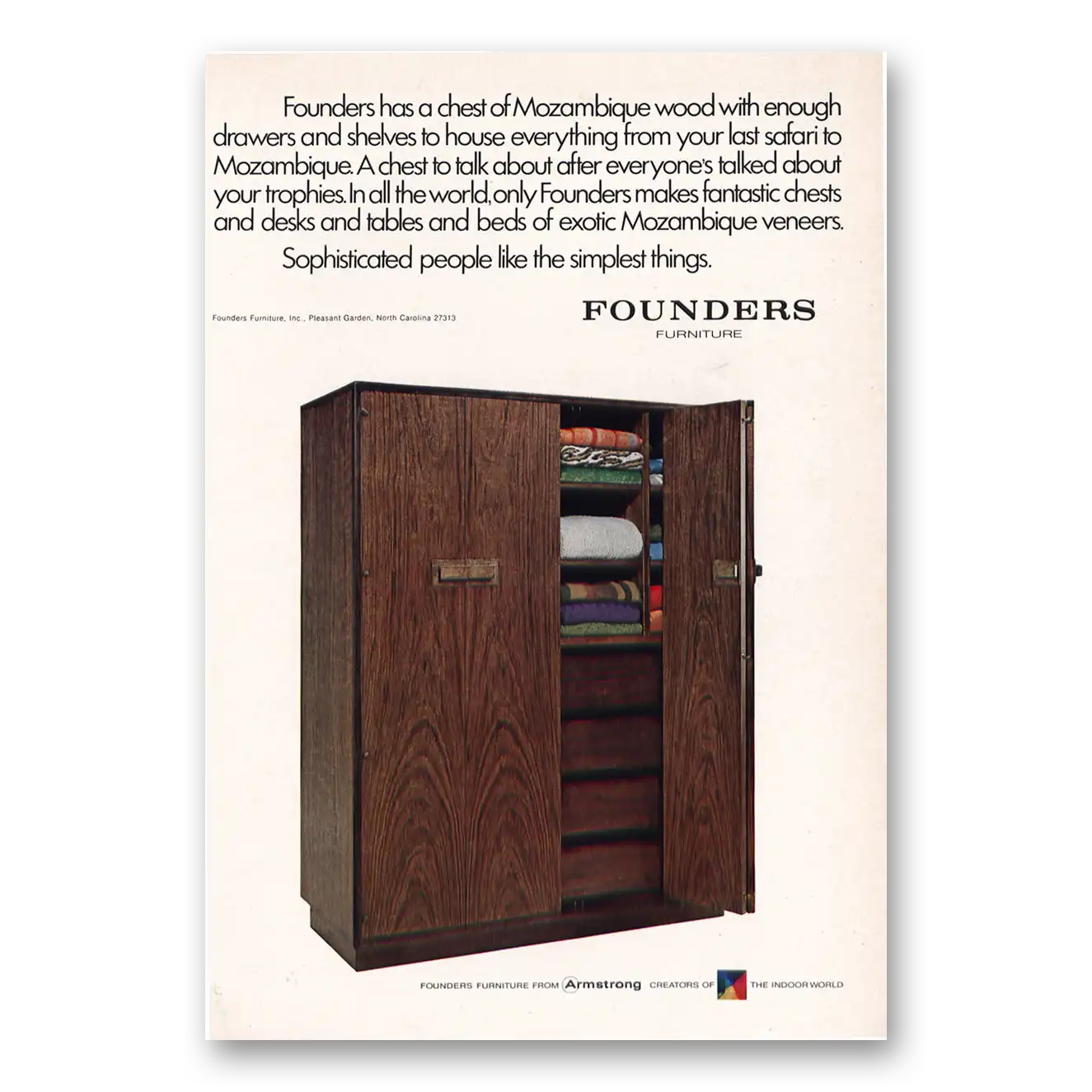 1970 Founders Armstrong Furniture Chest of Mozambique Wood Vintage Magazine Print Ad