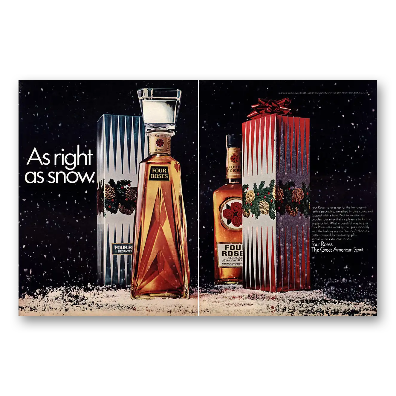 1970 Four Roses As Right As Snow Vintage Magazine Print Ad