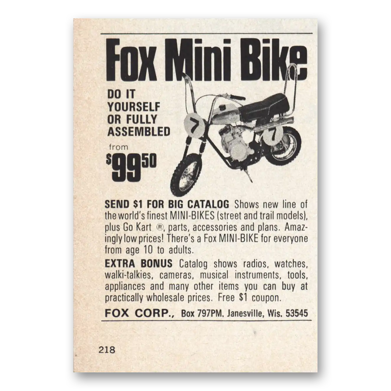 1970 Fox Mini Bike Do It Yourself Vintage Magazine Print Ad