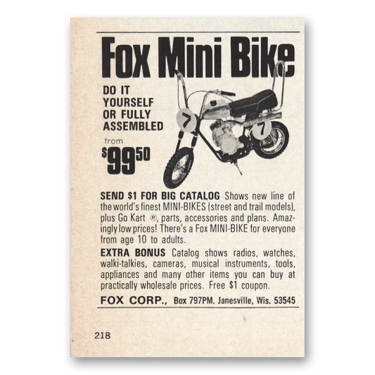 1970 Fox Mini Bike Do It Yourself Vintage Magazine Print Ad