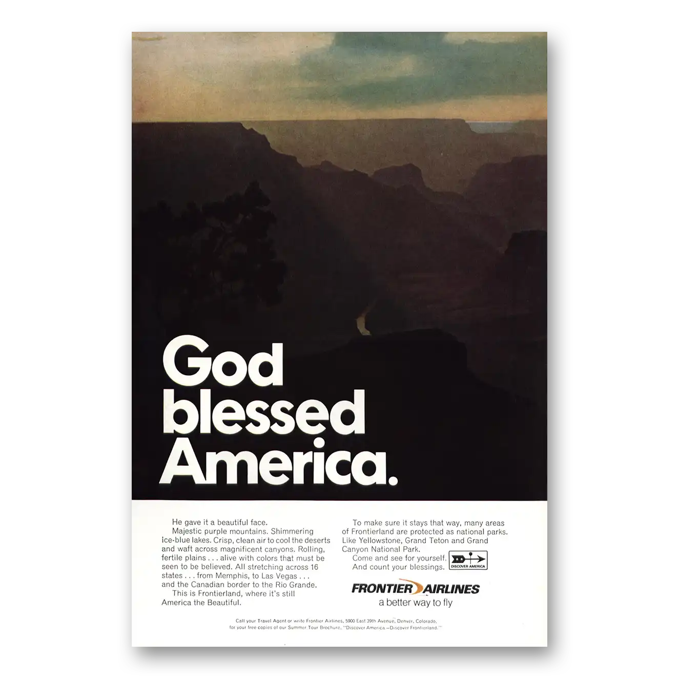 1970 Frontier Airlines God Blessed America Vintage Magazine Print Ad