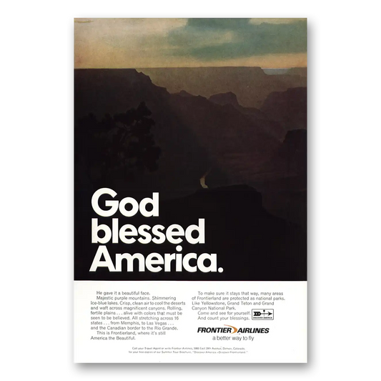 1970 Frontier Airlines God Blessed America Vintage Magazine Print Ad