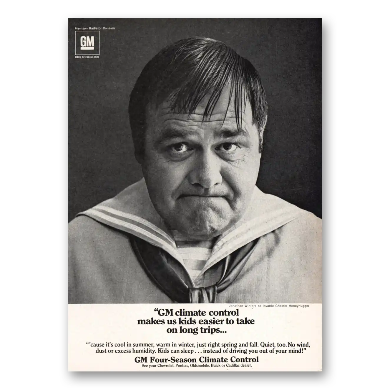 1970 GM Four Season Climate Control Jonathan Winters Chester Honeyhugger Vintage Magazine Print Ad