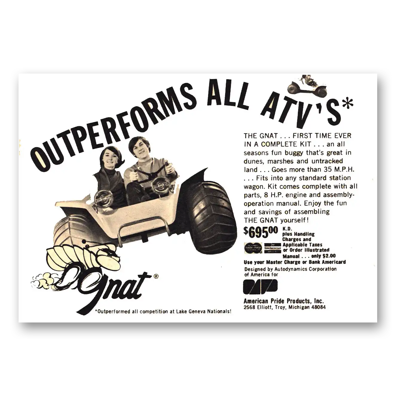 1970 Gnat Buggy ATV Outperforms All ATVs Vintage Magazine Print Ad