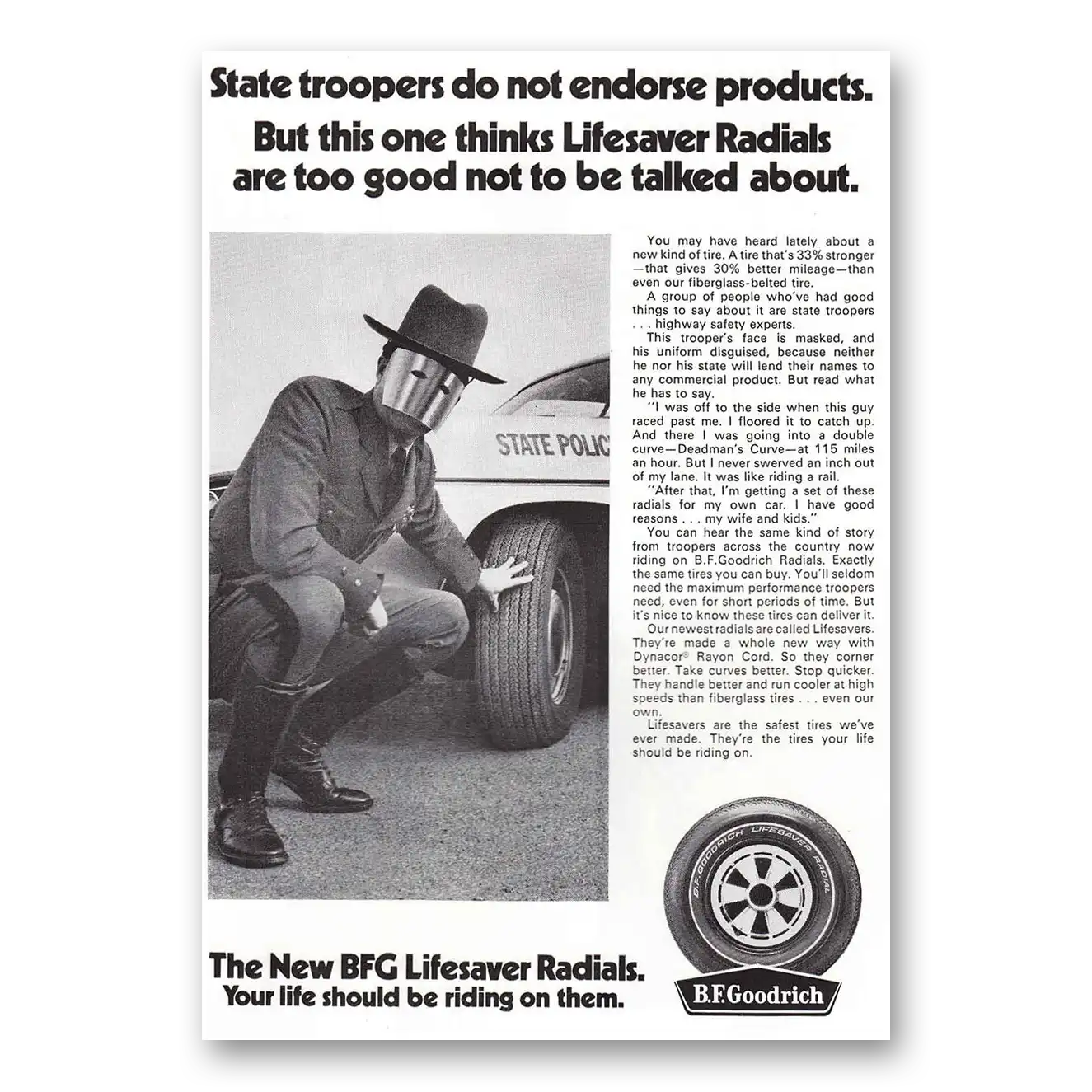 1970 Goodrich Tires State Troopers Do Not Endorse Vintage Magazine Print Ad