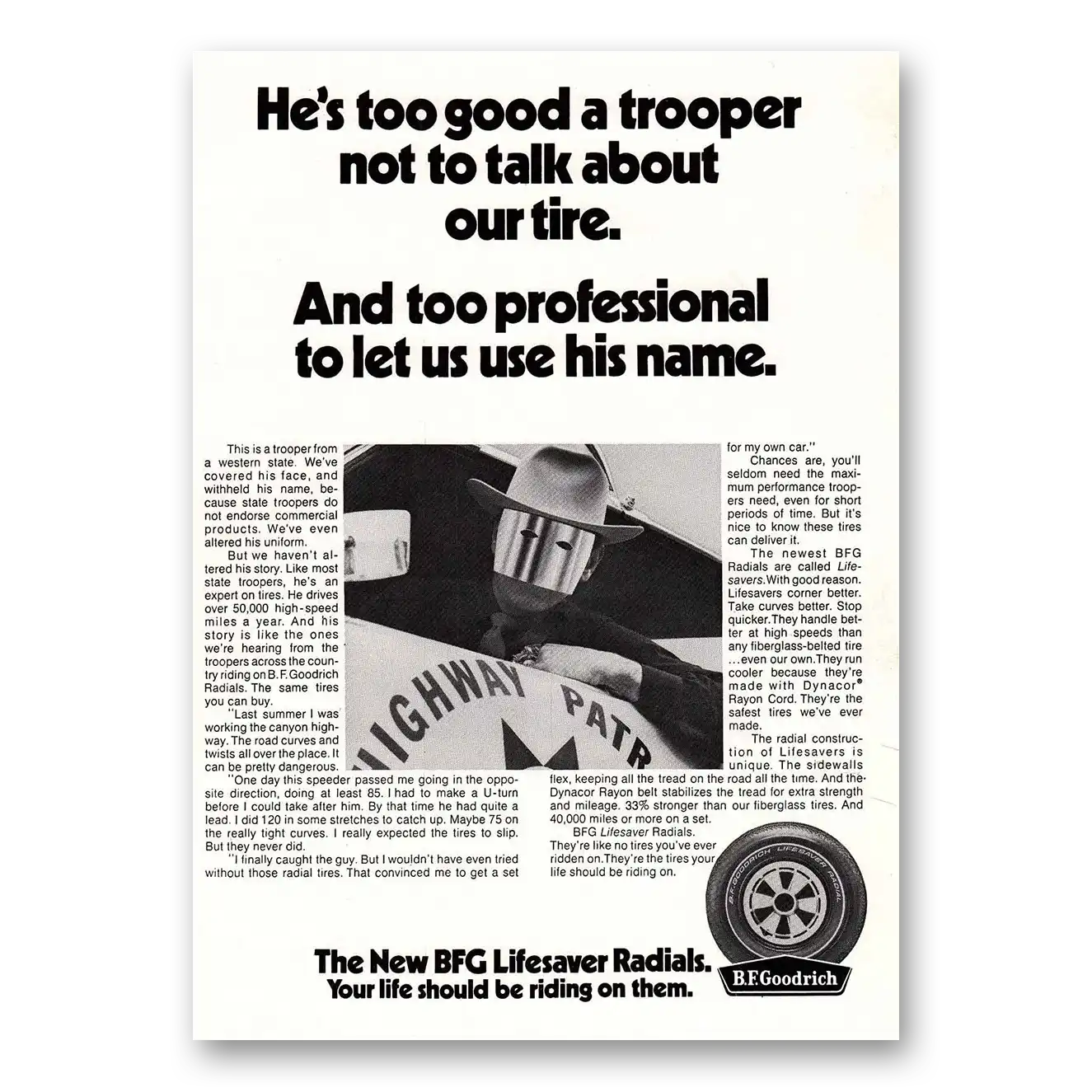 1970 Goodrich Tires Too Good a Trooper Vintage Magazine Print Ad