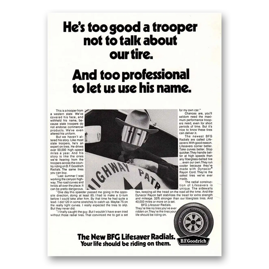 1970 Goodrich Tires Too Good a Trooper Vintage Magazine Print Ad