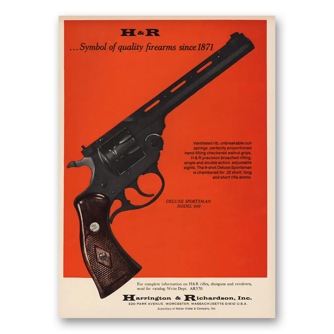 1970 Harrington & Richardson Arms Deluxe Sportsman Model 999 Vintage Magazine Print Ad