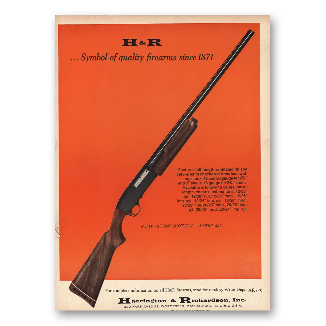 1970 Harrington & Richardson Arms Pump Action Shotgun Model 442 Vintage Magazine Print Ad