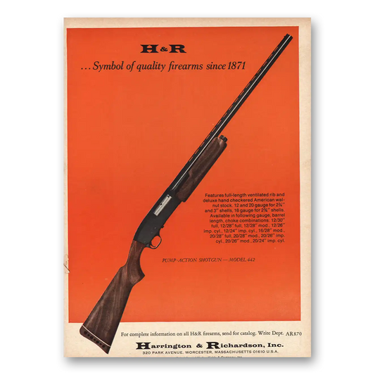 1970 Harrington & Richardson Arms Pump Action Shotgun Model 442 Vintage Magazine Print Ad